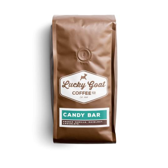 Bag of whole bean Candy Bar coffee, roasted by Lucky Goat Coffee Co.