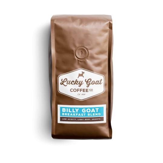 Bag of whole bean Billy Goat Breakfast Blend coffee, roasted by Lucky Goat Coffee Co.