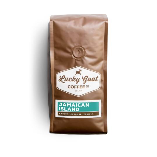 Bag of whole bean Jamaican Island coffee, roasted by Lucky Goat Coffee Co.