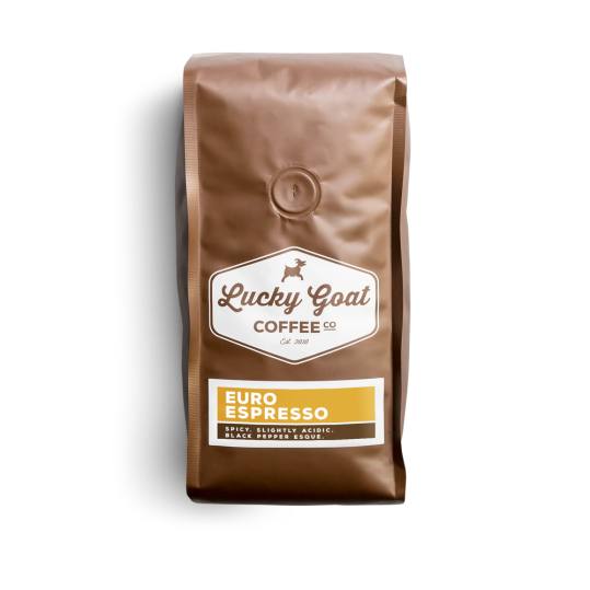 Bag of whole bean Euro Espresso coffee, roasted by Lucky Goat Coffee Co.