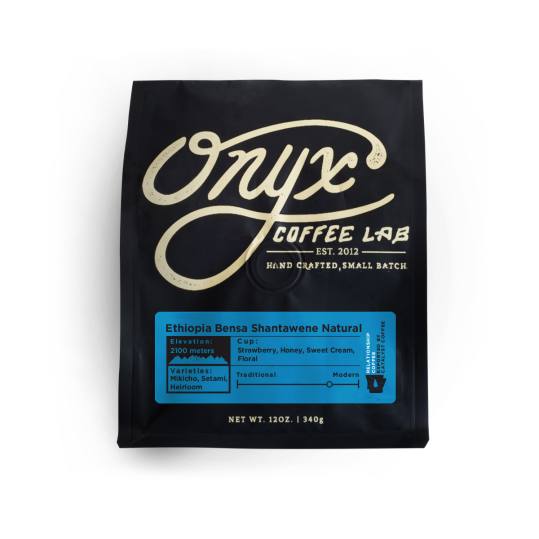 Bag of whole bean Ethiopia Bensa Shantawene Natural coffee, roasted by Onyx Coffee Lab