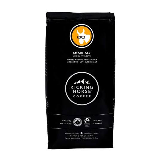 Bag of whole bean Smart Ass® coffee, roasted by Kicking Horse Coffee