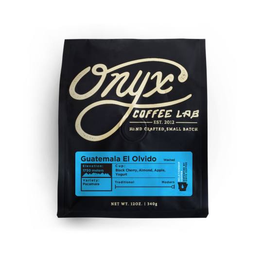 Bag of whole bean Guatemala El Olvido coffee, roasted by Onyx Coffee Lab