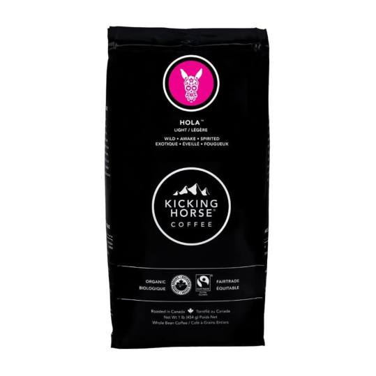 Bag of whole bean Hola® coffee, roasted by Kicking Horse Coffee