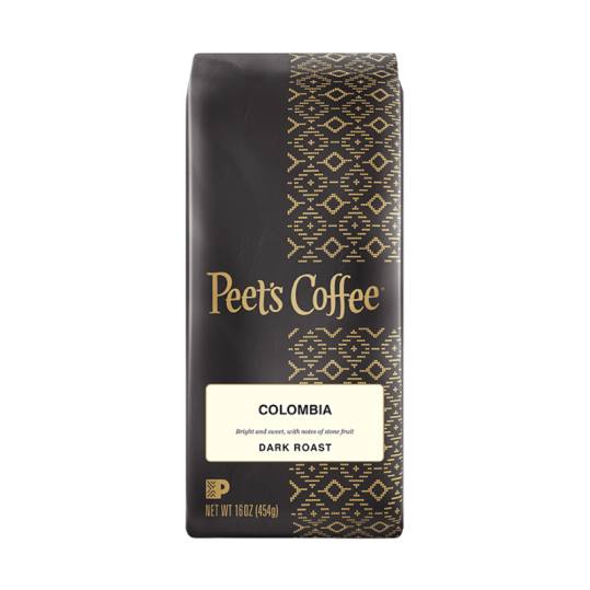 Bag of whole bean Colombia coffee, roasted by Peet's Coffee
