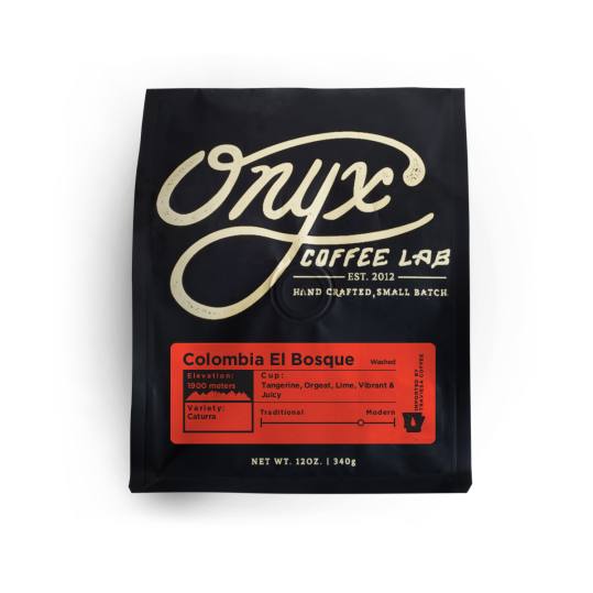 Bag of whole bean Colombia El Bosque coffee, roasted by Onyx Coffee Lab