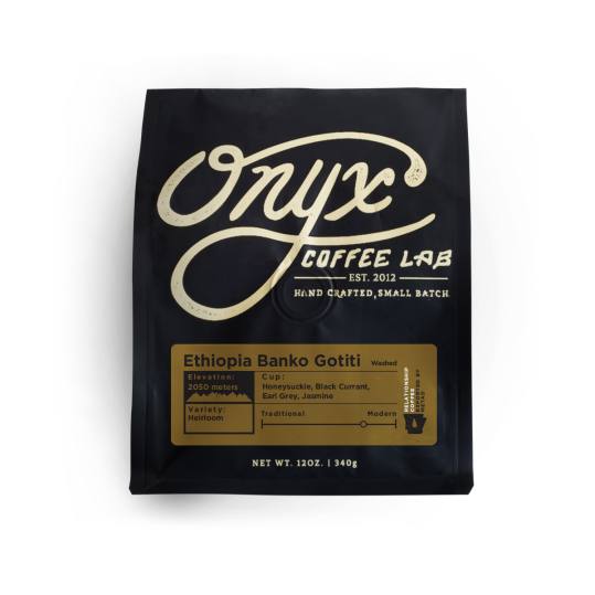 Bag of whole bean Ethiopia Banko Gotiti coffee, roasted by Onyx Coffee Lab