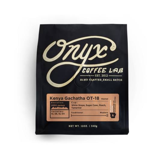 Bag of whole bean Kenya Gachatha OT-18 coffee, roasted by Onyx Coffee Lab