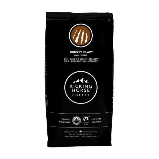 Bag of whole bean Grizzly Claw coffee, roasted by Kicking Horse Coffee