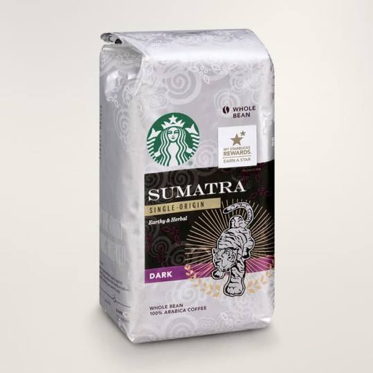 Bag of whole bean Sumatra coffee, roasted by Starbucks