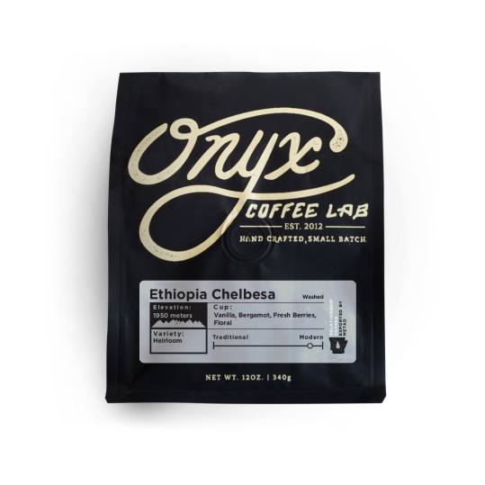 Bag of whole bean Ethiopia Chelbesa coffee, roasted by Onyx Coffee Lab