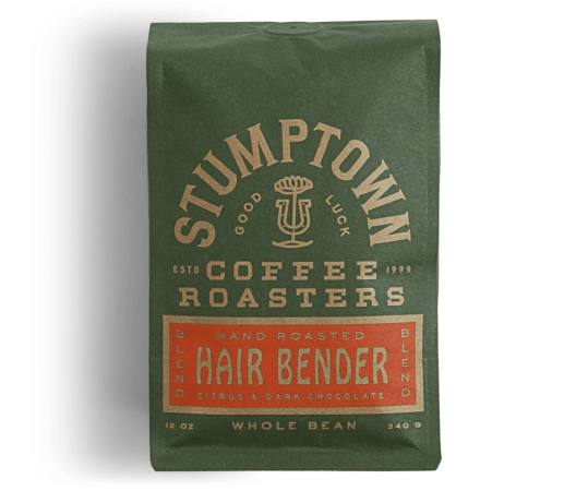 Bag of whole bean Hair Bender coffee, roasted by Stumptown Coffee Roasters
