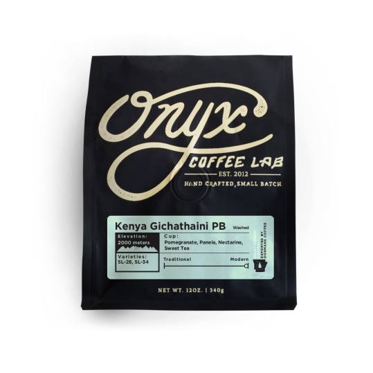 Bag of whole bean Kenya Gichathaini PB coffee, roasted by Onyx Coffee Lab