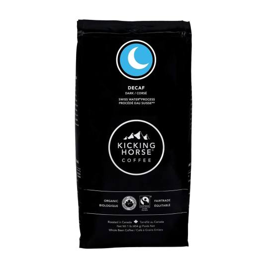 Bag of whole bean Decaf coffee, roasted by Kicking Horse Coffee
