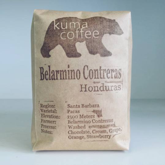 Bag of whole bean Honduras Belarmino Contreras coffee, roasted by Kuma Coffee