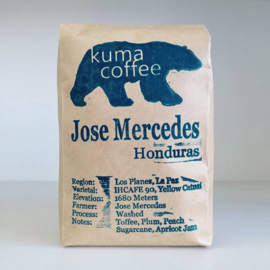 Bag of whole bean Honduras Jose Mercedes coffee, roasted by Kuma Coffee