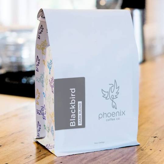 Bag of whole bean Blackbird: Dark Blend coffee, roasted by Phoenix Coffee Co.