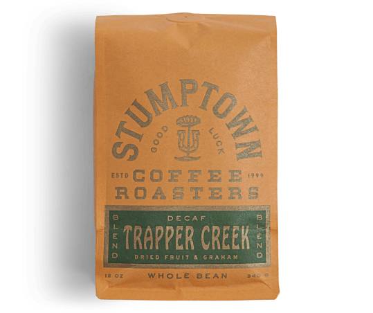Bag of whole bean Trapper Creek Decaf coffee, roasted by Stumptown Coffee Roasters