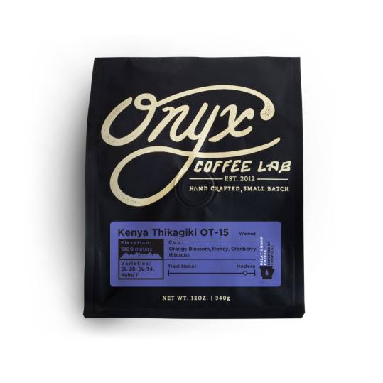 Bag of whole bean Kenya Thikagiki OT-15 coffee, roasted by Onyx Coffee Lab