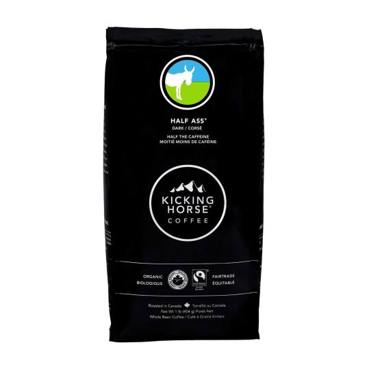 Bag of whole bean Half Ass coffee, roasted by Kicking Horse Coffee