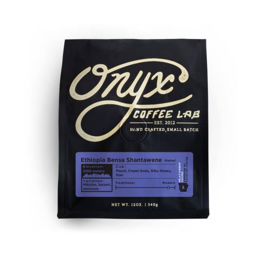 Bag of whole bean Ethiopia Bensa Shantawene coffee, roasted by Onyx Coffee Lab