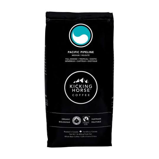 Bag of whole bean Pacific Pipeline coffee, roasted by Kicking Horse Coffee