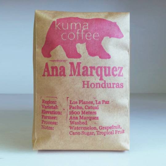 Bag of whole bean Honduras Ana Marquez coffee, roasted by Kuma Coffee