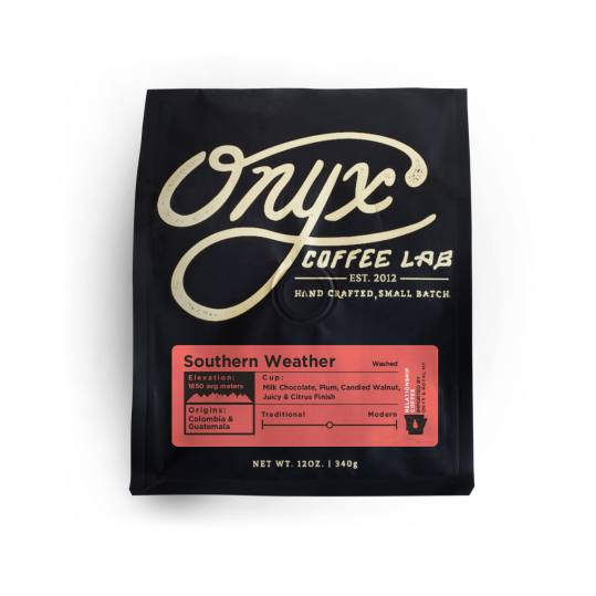 Bag of whole bean Southern Weather Blend coffee, roasted by Onyx Coffee Lab