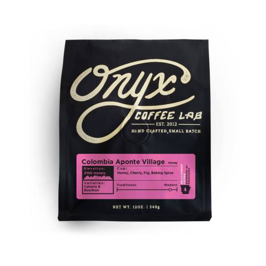 Bag of whole bean Colombia Aponte Village coffee, roasted by Onyx Coffee Lab