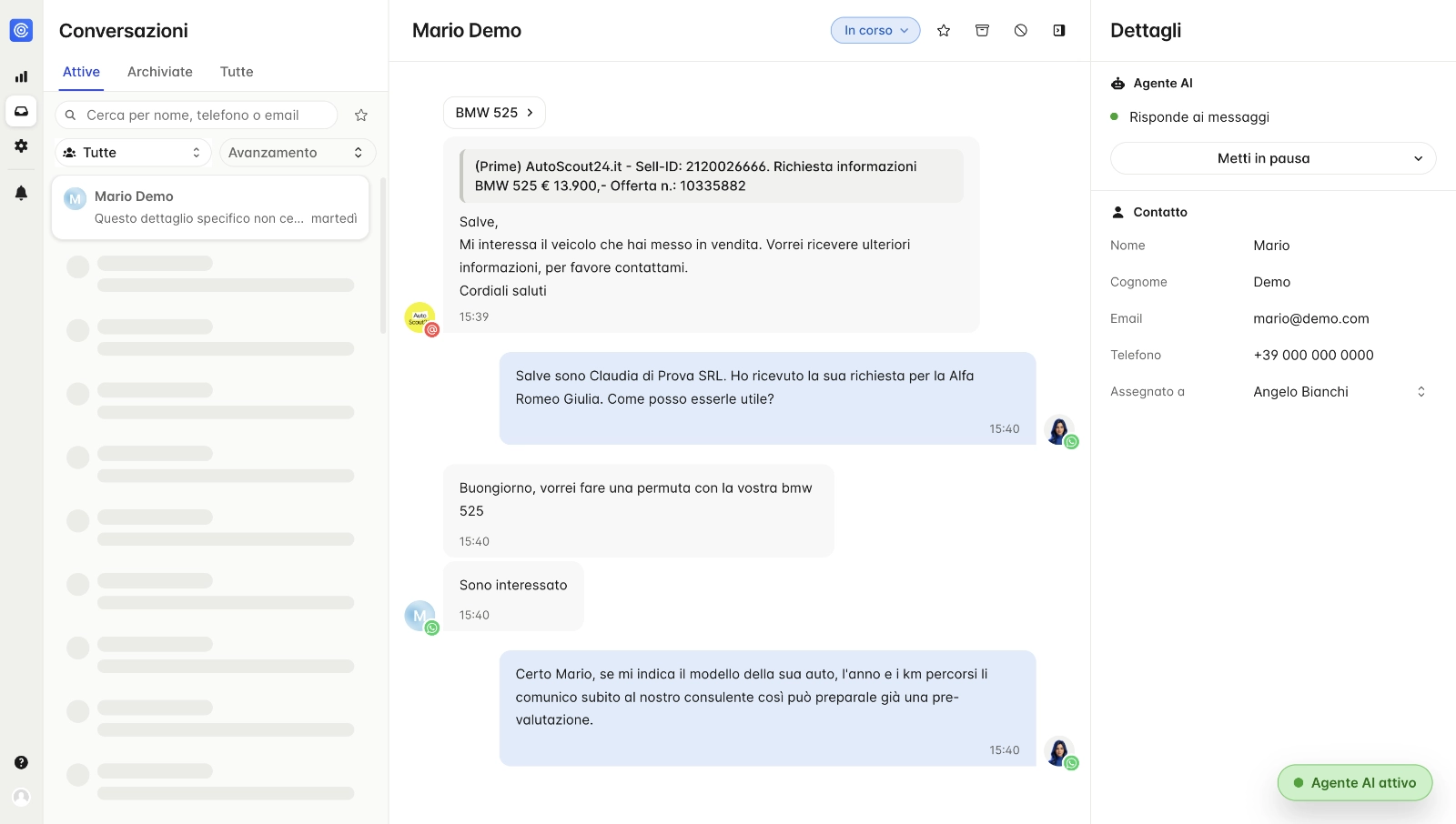Anteprima della conversazione di ClaudIA con un cliente.