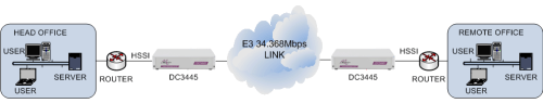 HSSI routers connected together via an E3 34Mbps G.703 leased line using DC3445 units