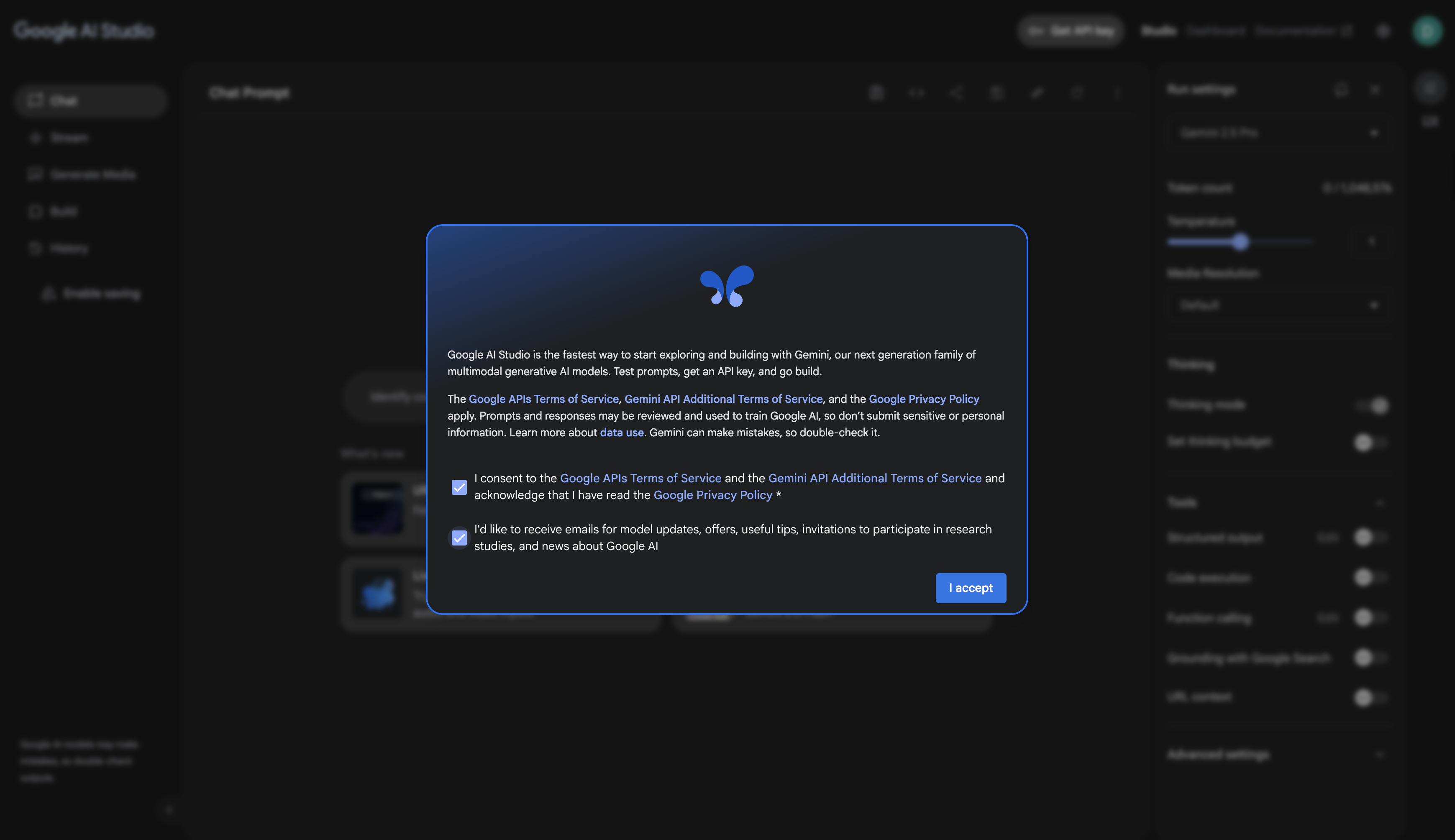 Google AI Studio Terms of Service dialog