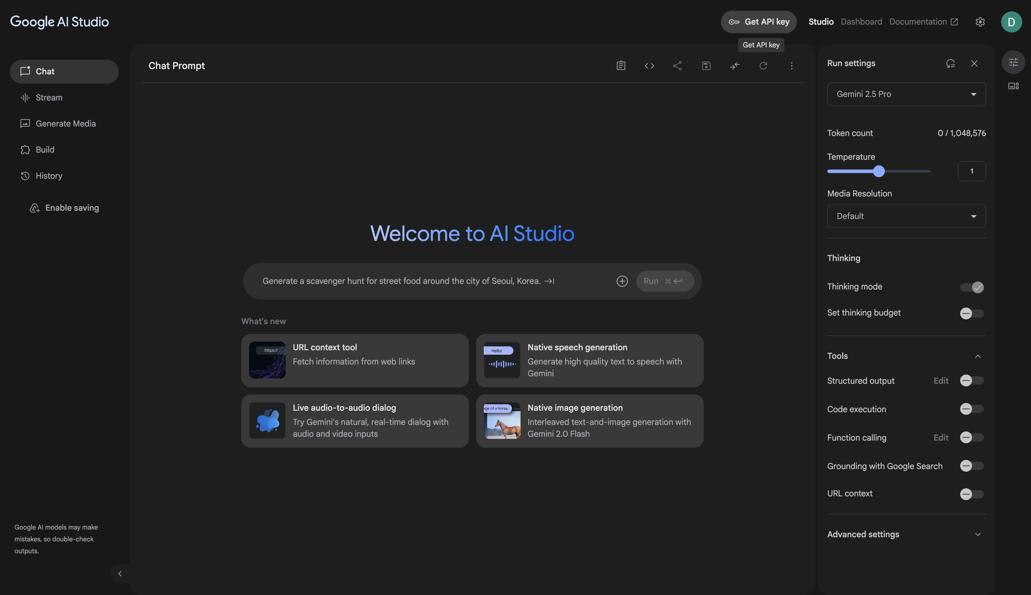 Location of the 'Get API key' button in Google AI Studio