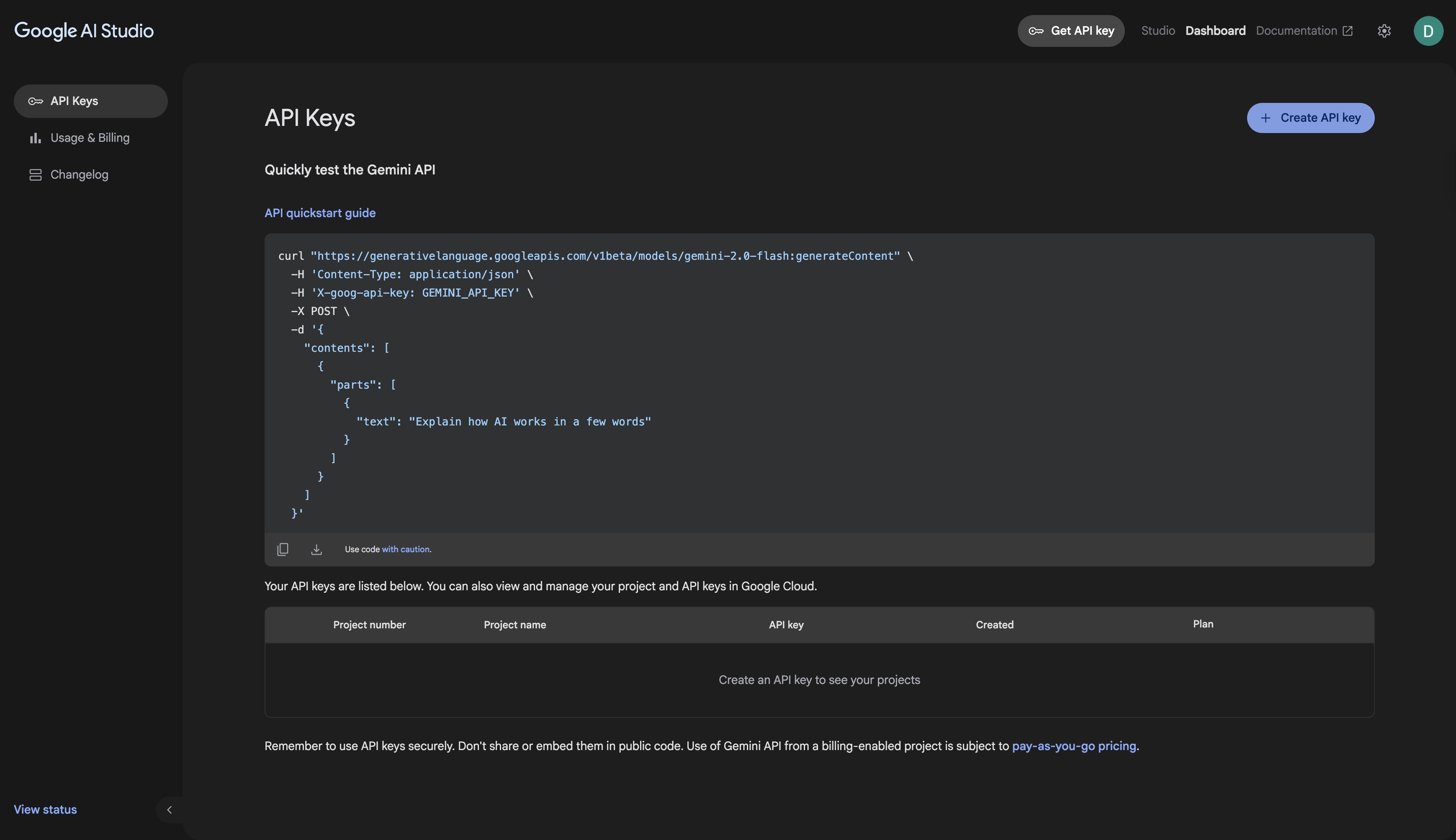Creating a new API key in a new project