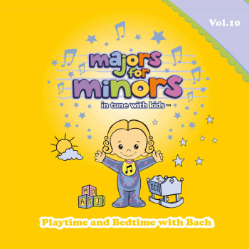 Yellow album cover with Majors mascot holding up his hands, standing next to a crib and playing blocks with the sun in the background