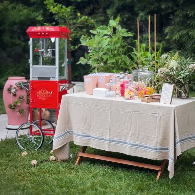 Red popcorn cart beside a garden snack table with candy jars and pink popcorn cups