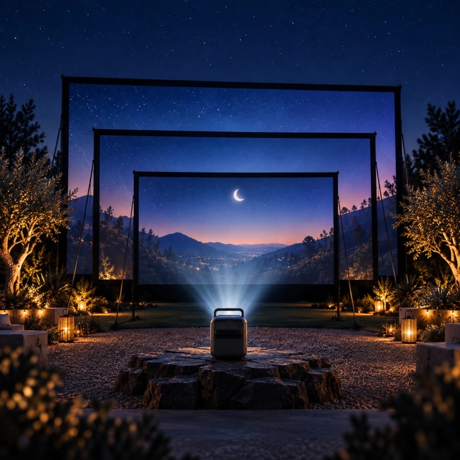 A 200-inch outdoor cinema screen glowing in a nighttime backyard