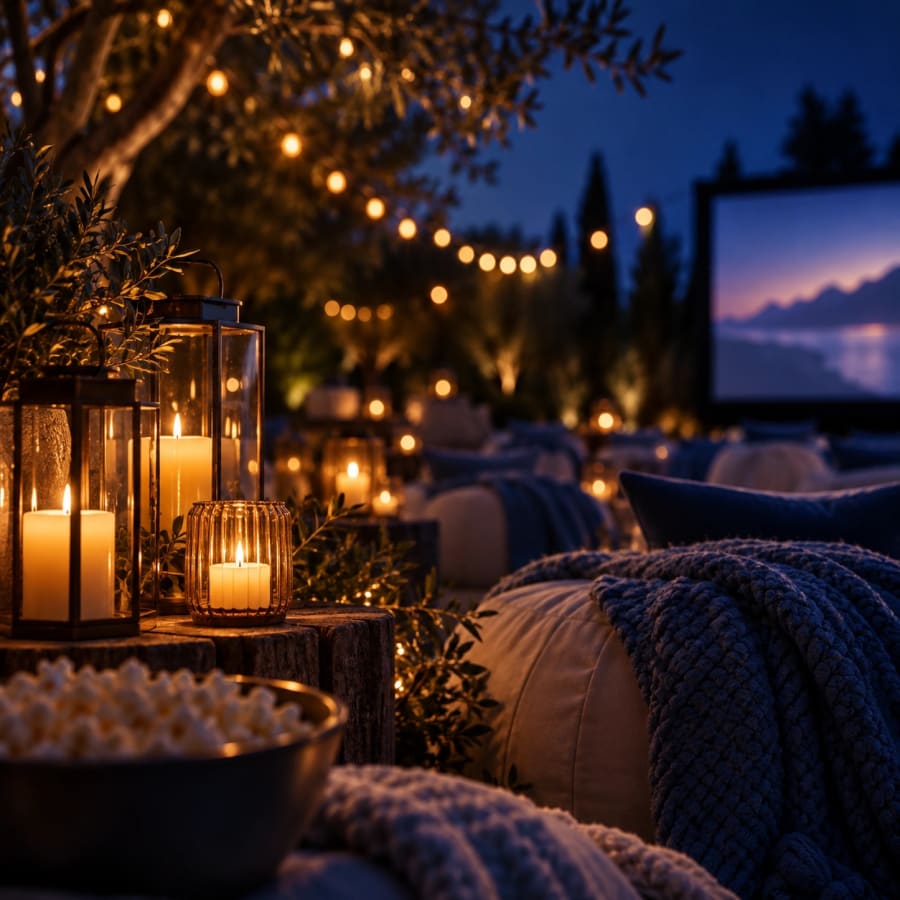 A candlelit backyard movie night with lounge seating and popcorn