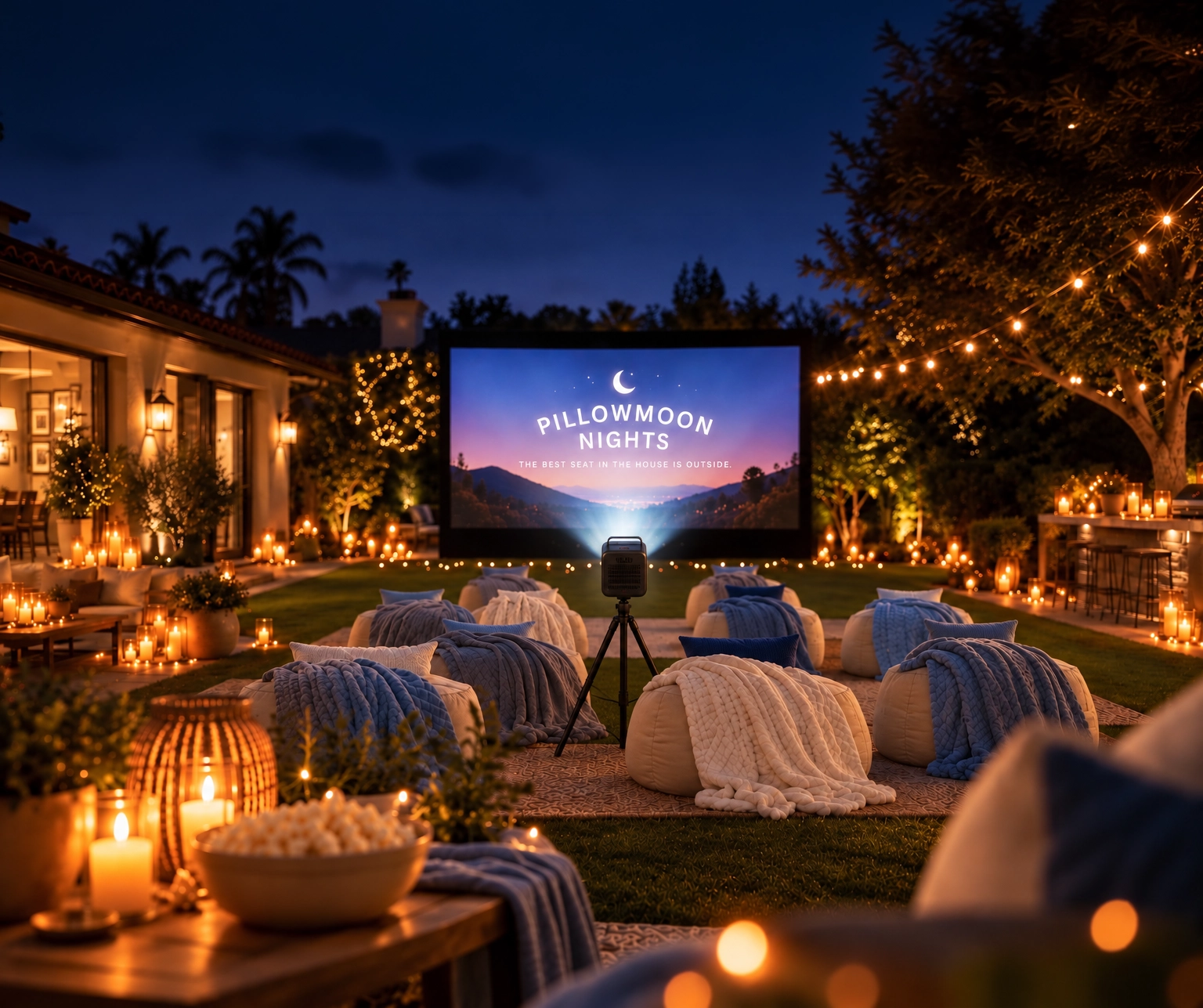 An elegant private cinema with lounge seating in a lantern-lit backyard