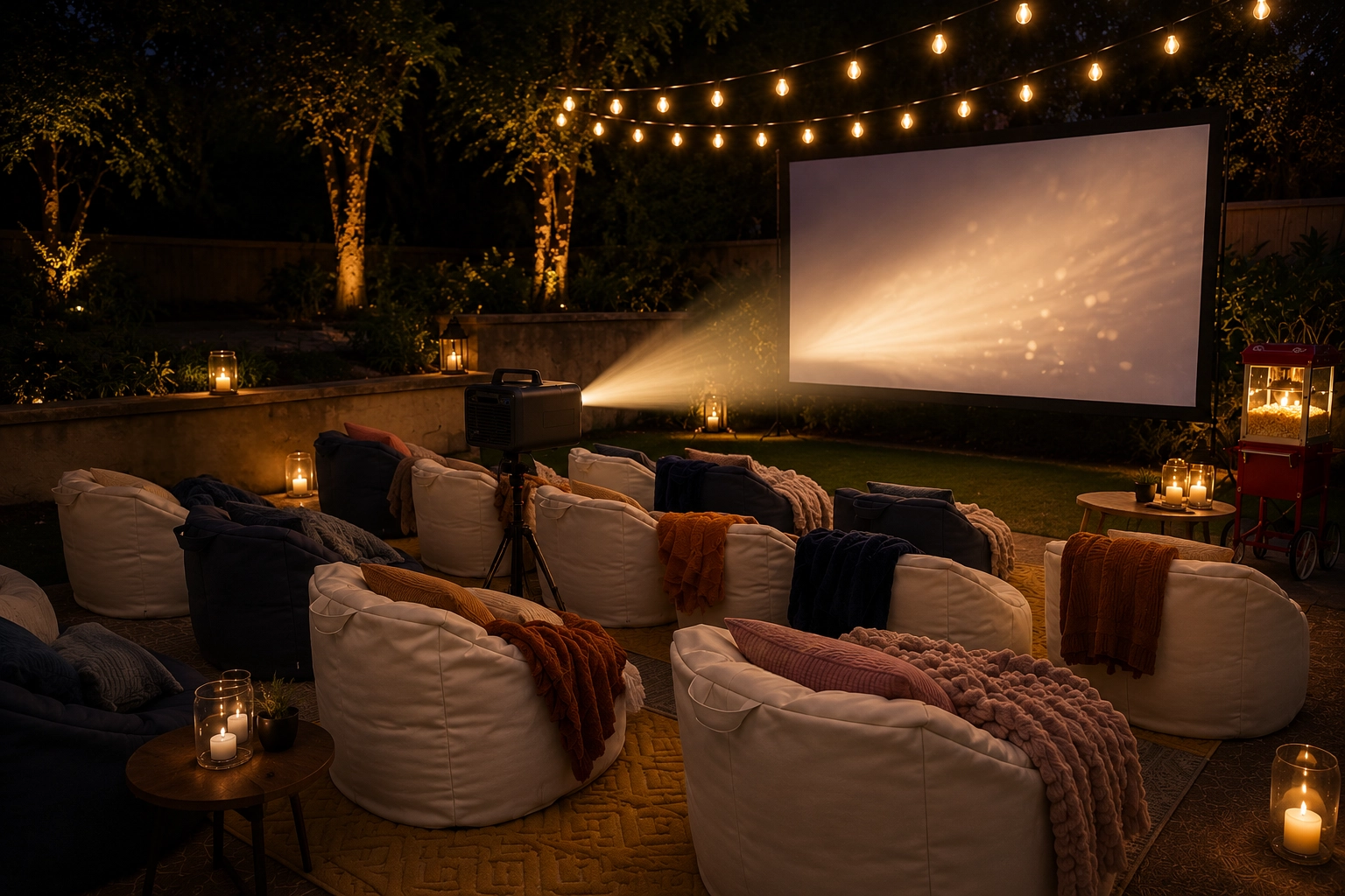 A cozy beach lounge with cushions, low tables, and string lights at sunset