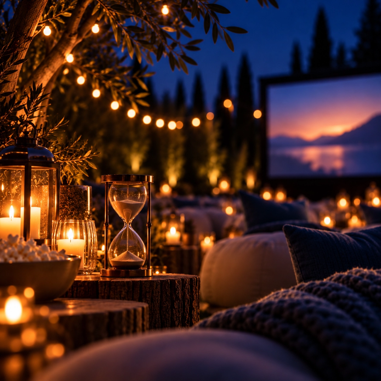A real patio cinema setup with a movie screen, bean bags, layered rugs, candles, and a popcorn machine