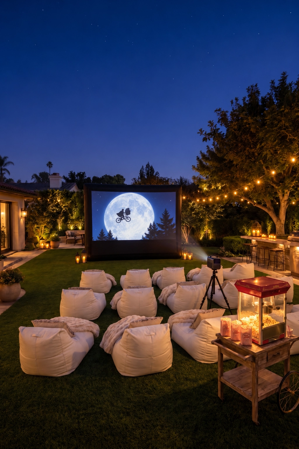 A candlelit backyard movie night with lounge seating and popcorn