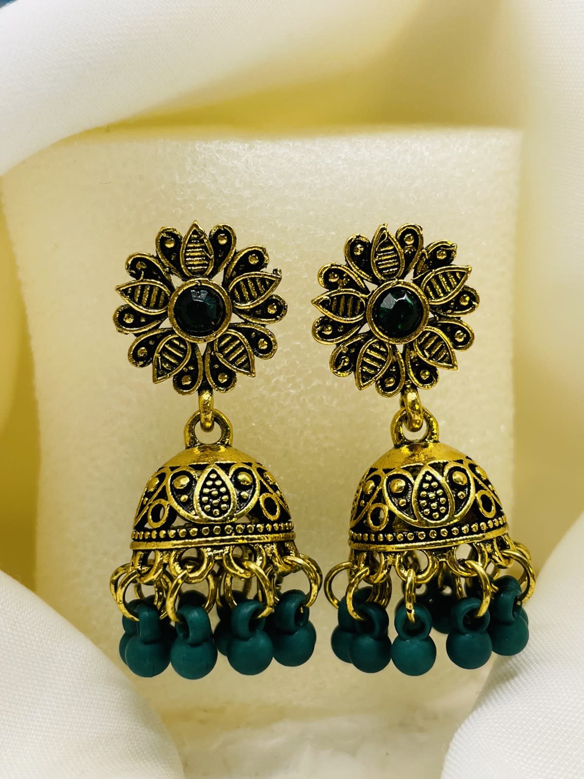 Traditional Floral Jhumka Earrings Green