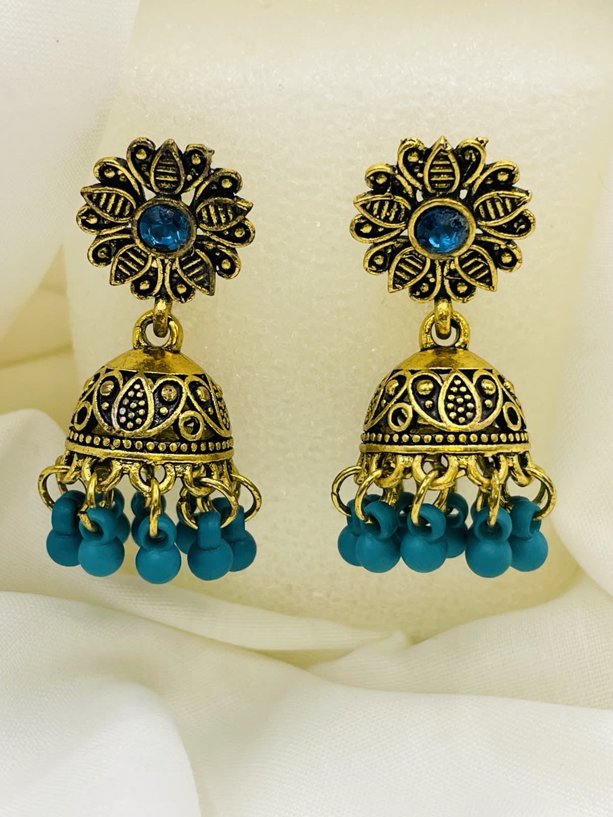 Traditional Floral Jhumka Earrings Blue