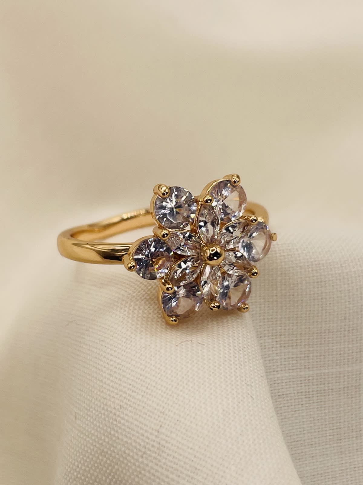 Golden Floral Crystal Statement Ring