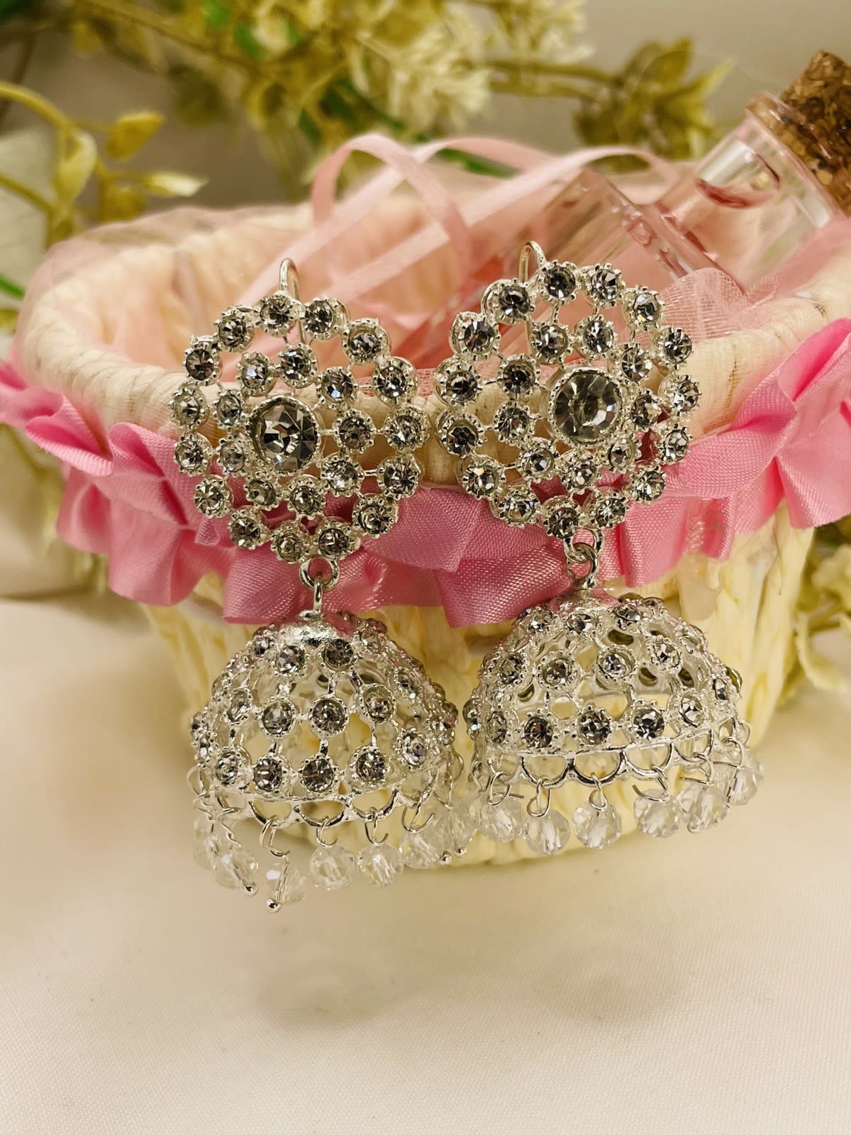 Silver Crystal Bridal Jhumka Earrings