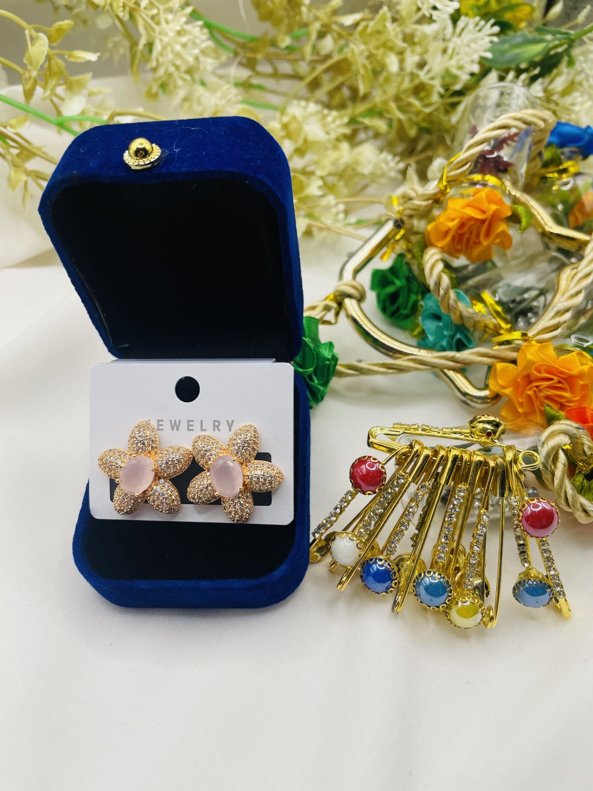 Elegant Floral Crystal Stud Earrings with Safety Pins