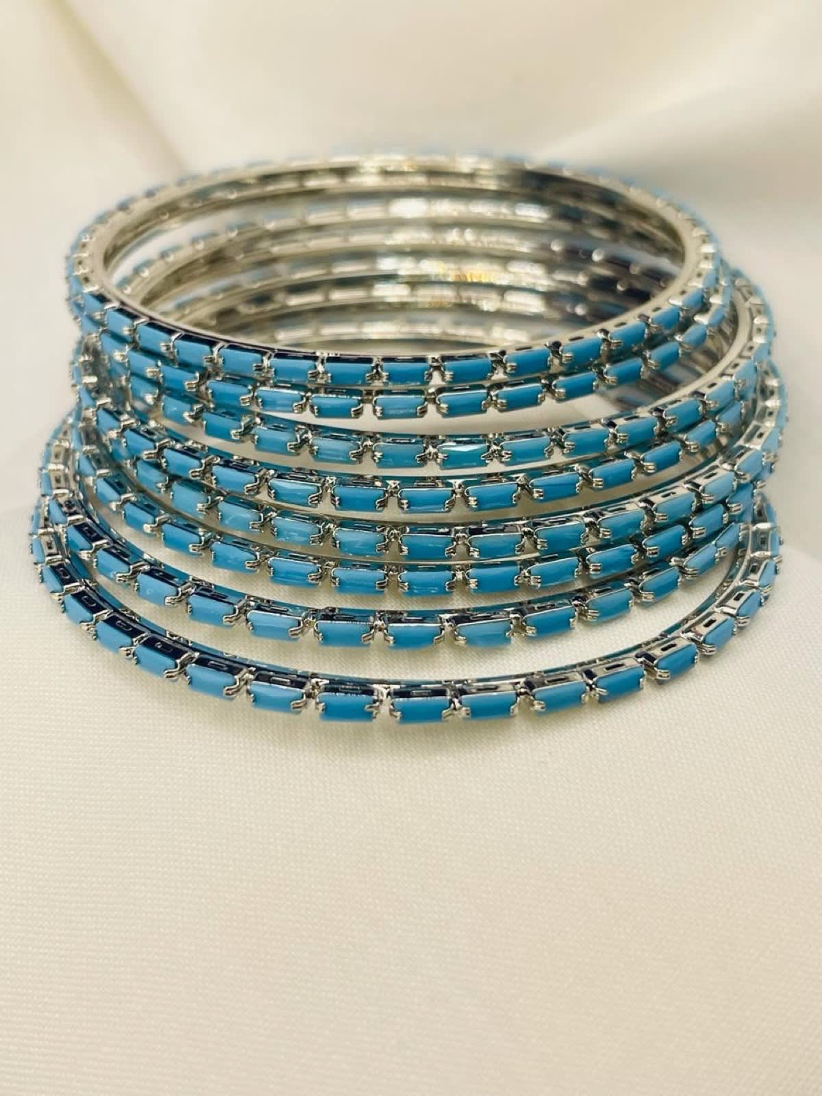 Sky Blue Crystal Silver Bangle Set