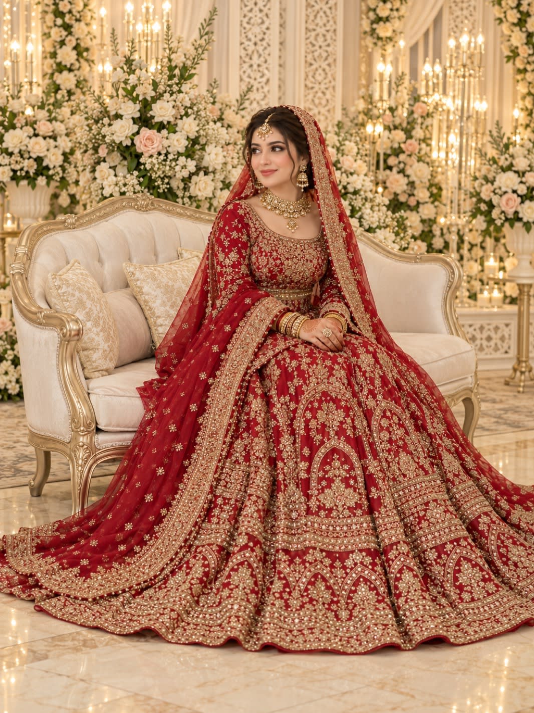 Bride in a flowing red and gold embroidered lehenga wearing a gold choker necklace, jhumka earrings, maang tikka and bangles
