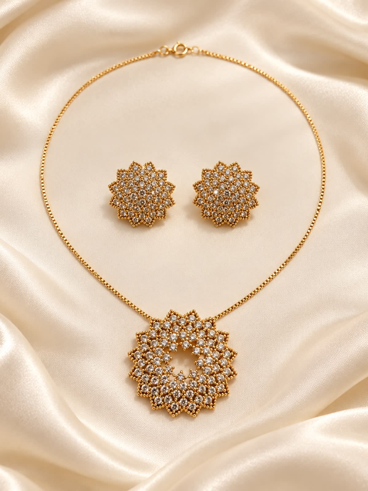 Golden Floral Crystal Necklace & Earrings Set